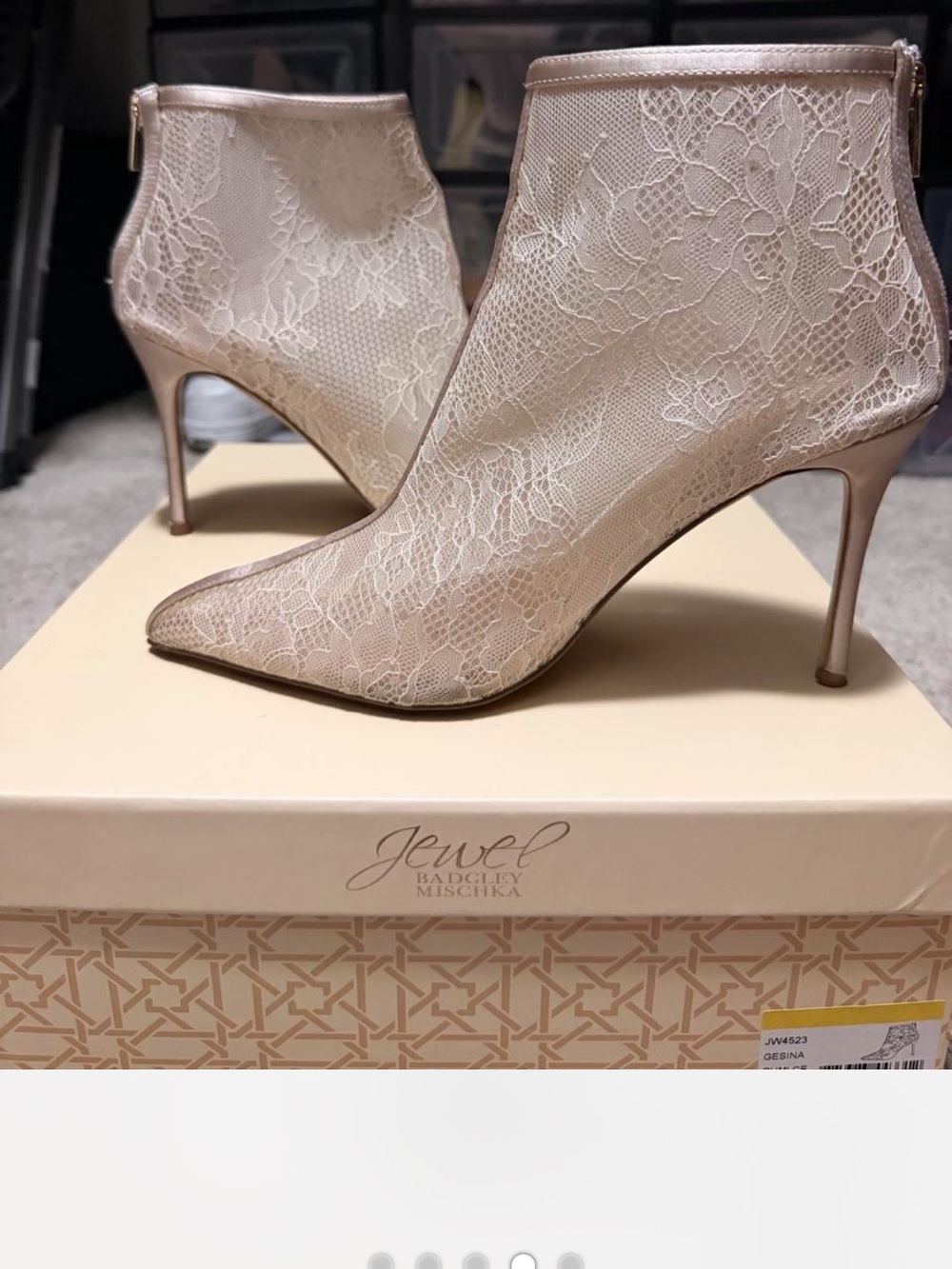Jewel Badgley Mischka Lace Pointed-Toe Ankle Boots in Champagne Ivory